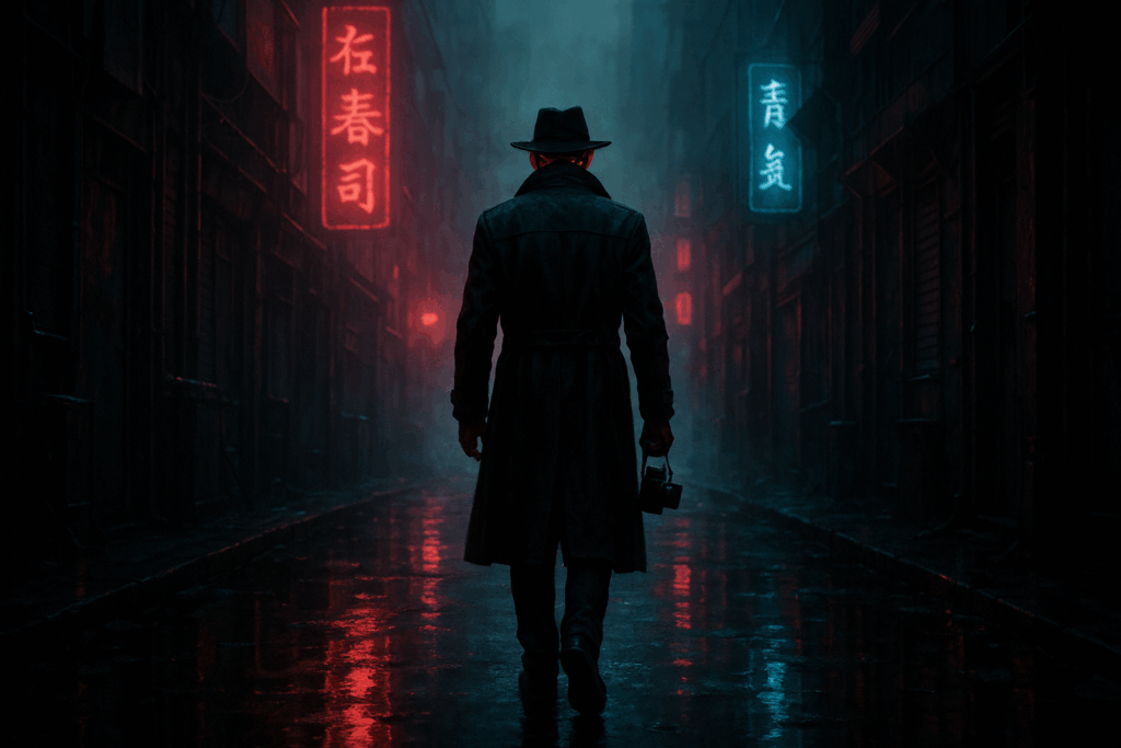 Creative Survival - Showed Figure Walking down a rainy dark alley with a camera.